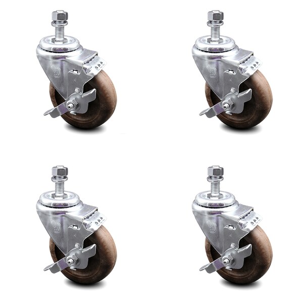 Service Caster 4 Inch High Temp Glass Filled Nylon 3/8 Inch Threaded Stem Caster Set with Brake SCC-TS20S414-GFNSHT-TLB-381615-4 - main